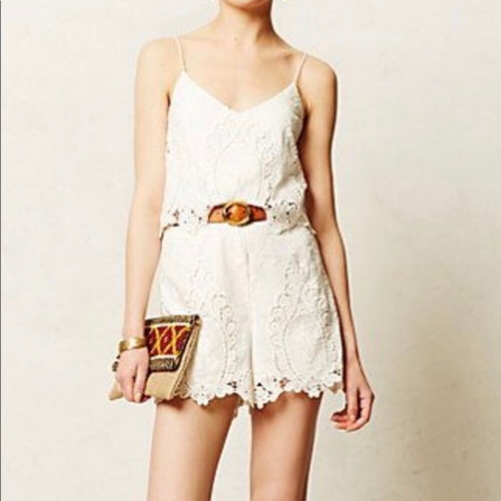Dolce Vita tiered lace romper (from Anthropologie) in Ivory
